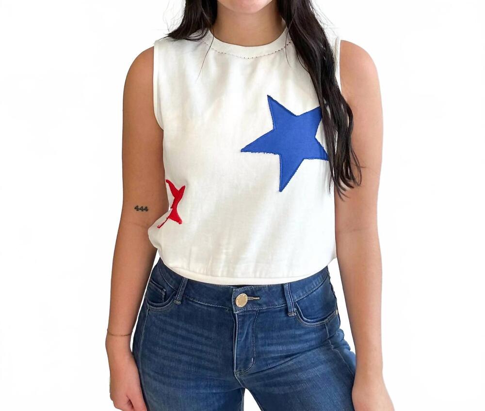 NEW DOE AND RAE patchwork stars sleeveless top in white